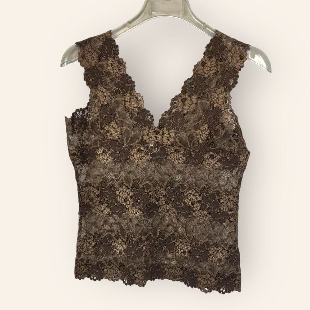 Josie Natori Brown Lace Floral Sleeveless Camisole V-neck Blouse Top